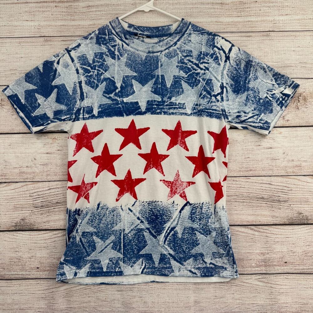 Vintage American Stars Tie Dye Single Stitch AOP T-Shirt Adult‎ M Red/Blue/White